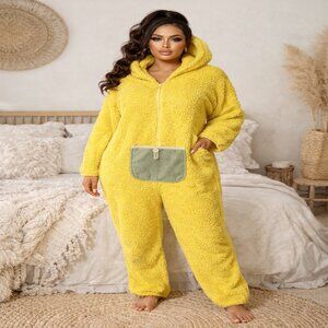 Yellow Sherpa Hooded Onesie Zip Pajamas Cozy Plush Loungewear Women's L.